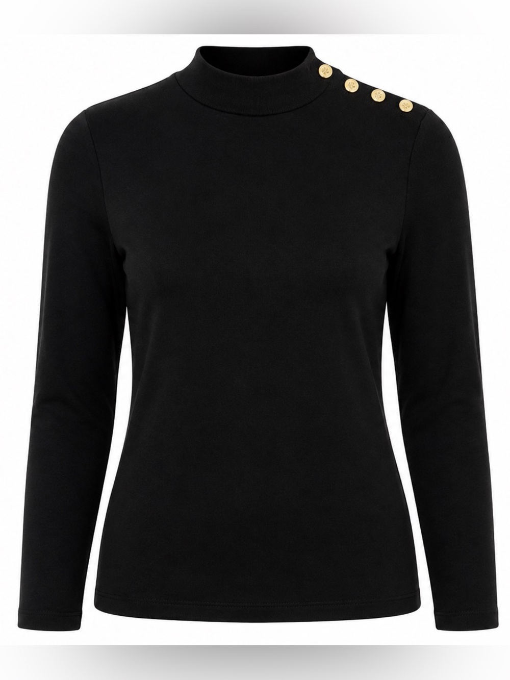 J.Crew Black Mock Neck Gold Button Shoulder Top Long Sleeve Stretch Knit Medium